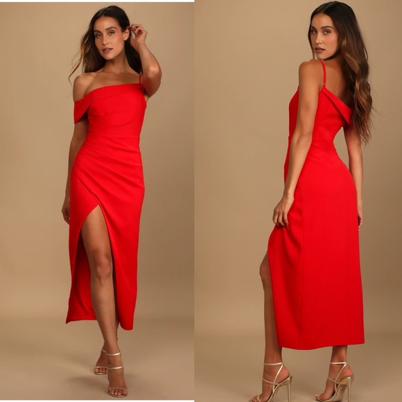 Lulus Showing Off a Little Red Asymmetrical Tulip Midi Size M Dress. - Picture 2 of 5